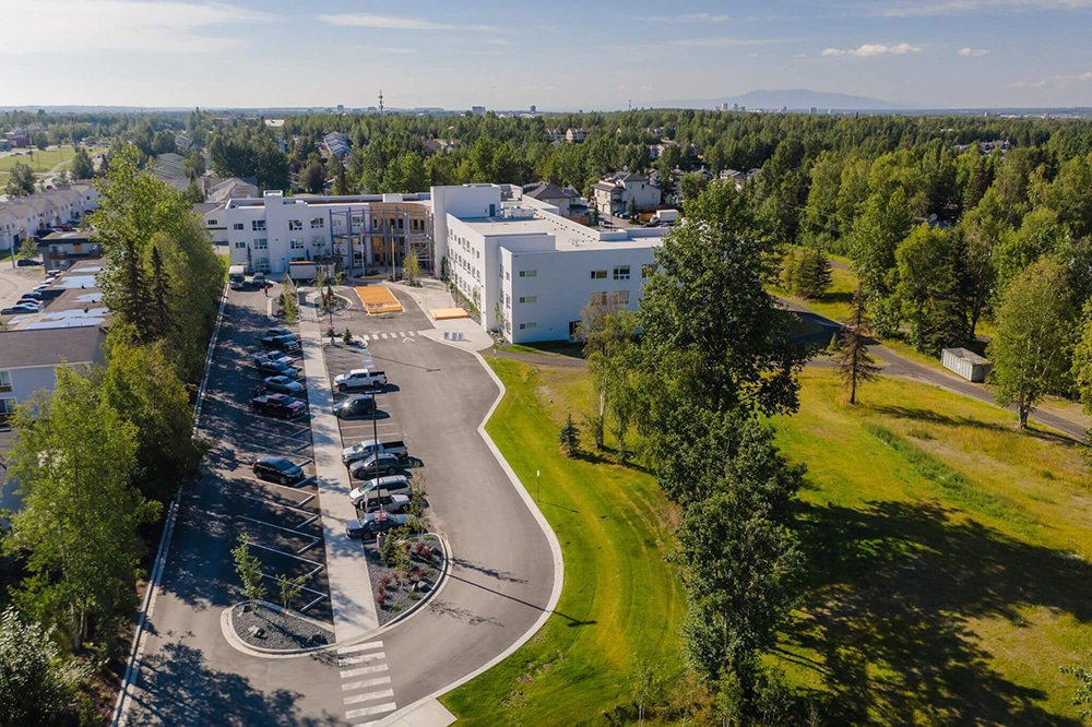 Low Aerial view of Baxter Senior Living in Anchorage, Alaska
