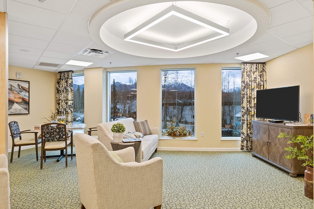 Upper level common are with windows at Baxter Senior Living in Anchorage, Alaska